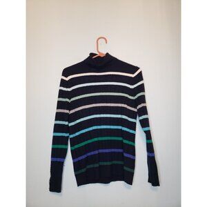 Talbots Womens Petite MP Sweater Turtleneck Blue Green Stripe Long Sleeve Ribbed